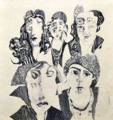 JOHN UZZELL EDWARDS pen and ink drawing - five heads, entitled 'Swansea Girls Gypsy Band', signed