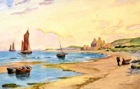 WALTER W GODDARD watercolour - Gower coastal scene with figures and boats and old ruined building,