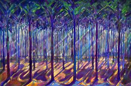 GWYN CECIL WILLIAMS oil on canvas - woodland entitled 'Cathedral of Trees', signed, 121 x 182cms