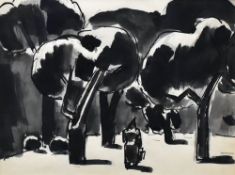 JOSEF HERMAN colourwash - figure in orchard, 17 x 22cms