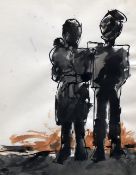 JOSEF HERMAN watercolour - two figures with child, 24 x 19cms