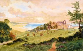 WALTER W GODDARD watercolour - Gower coastal landscape with harvesters and folly, entitled 'Oxwich
