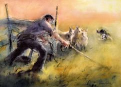 WILLIAM SELWYN limited edition (107/300) print - shepherd, flock and dog in sunset, signed, 31 x