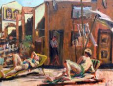 KEVIN SINNOTT oil on linen - tableau of two sunbathers reclined on loungers, one looking towards a