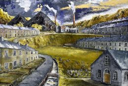 NIGEL MORGAN oil on board - Welsh valleys terraced houses, chapel and industry, with Welsh poem
