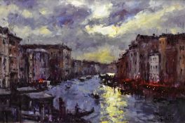 DAVID GRIFFITHS oil on canvas - Venetian canal with gondola entitled verso 'Stormy Skies Venice',