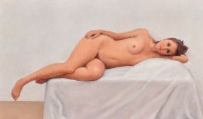 HARRY HOLLAND oil on board  - reclining nude on a sheet, signed, 20 x 34cms