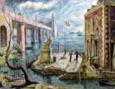 EVAN CHARLTON watercolour - imaginary waterside scene with figures at various intriguing