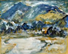 WILL ROBERTS oil / gouache on paper - North Wales landscape and village, entitled verso 'Maentwrog',