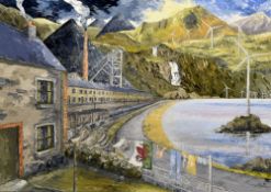 NIGEL MORGAN oil on board - a depiction of Welsh industry past and future and with Welsh poem to the