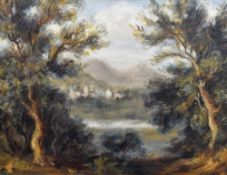 DAVID GRIFFITHS oil on canvas - landscape with trees, entitled verso 'Scene Near Welshpool', with