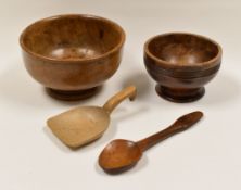 WELSH TREEN - a parcel of four probably sycamore or fruitwood items comprising two turned cawl-