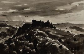 SIR KYFFIN WILLIAMS RA colourwash - Carmarthenshire hilly landscape, entitled verso 'Castell
