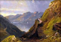 THOMAS MORRIS ASH oil on board  - mountainous landscape with figures on a road, entitled verso '