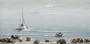NICK JOHN REES acrylic on canvas - sailing boat on the water in the Bristol Channel, entitled ver