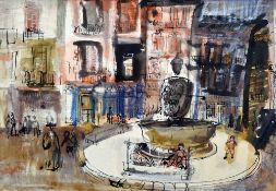 LESLIE MOORE watercolour - busy French town-square with figures, fountain and activity, 46 x 65cms
