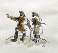 SIR KYFFIN WILLIAMS RA watercolour and pencil - two overcoat wearing farmers with walking-sticks