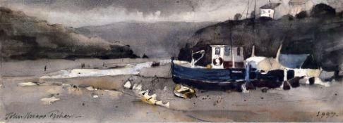 JOHN KNAPP FISHER limited edition (375/500) print - beached fishing boat in Pembrokeshire estuary,