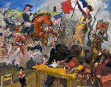 KEVIN SINNOTT oil on canvas - montage of American history with reference to Boston Tea Party
