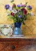 ANDREW DOUGLAS FORBES oil on paper/card - still-life of flowers in a jug with platter, signed, 37