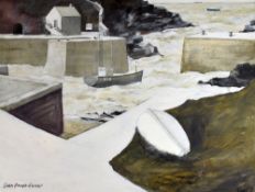 JOHN KNAPP FISHER oil on paper - Pembrokeshire harbour with building, various boats and vessels