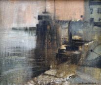 WILLIAM SELWYN oil on board - harbour-wall, North Wales, entitled verso on artist's label 'Evening