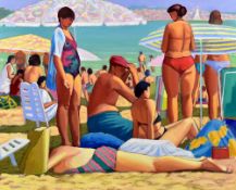 NORMAN FREDERICK CHECKETTS oil on canvas - busy beach scene, 81 x 100cms