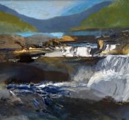 KAREN PEARCE oil on card - mountain scene with tumbling Rheidol River, Ceredigion, signed and