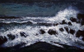 WILF ROBERTS limited edition (15/50) print - crashing waves, entitled 'Tonnau, Trearddur', signed in