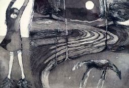 ELERI MILLS limited edition (18/35) etching and aquatint - nocturne harvested landscape with full-