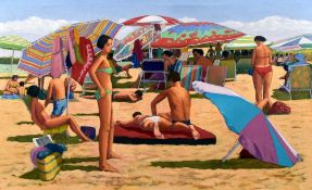 NORMAN FREDERICK CHECKETTS oil on canvas - busy beach with figures and parasols, entitled verso '