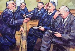 IFOR PRITCHARD two coloured prints on board - a chapel scene with figures, 30 x 42cms and quarry-