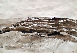 SIR KYFFIN WILLIAMS colourwash - South Wales coastal scene, entitled verso 'Worm's Head from the