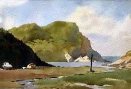 JOHN MINTON watercolour - boats beached with headland, entitled on original Lefevre Gallery label