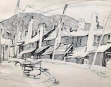 JOHN UZZELL EDWARDS pen and ink drawing - Welsh valley street scene under snow, entitled '