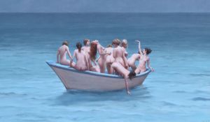 HARRY HOLLAND oil on canvas - rowing boat at sea with eleven nudes in various poses, entitled