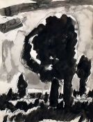 JOSEF HERMAN mixed media - cottage and trees in a landscape, 25 x 19cms