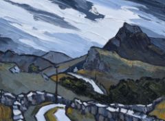 DAVID BARNES oil on board - mountainous landscape with dry-stone walls, road, telegraph poles and