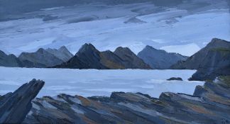 DAVID BARNES oil on board - lake or loch with mountains all round, signed with initials, 31 x 56cms