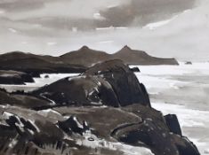 SIR KYFFIN WILLIAMS RA colourwash - Pembrokeshire coast, entitled verso 'Pwllderi', dated 1987,