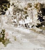 JOHN KNAPP FISHER watercolour - Pembrokeshire lane with figure, entitled verso 'House Through Trees,