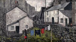 JONAS PLOSKY oil on board - female figure standing beside washing-line at the back of houses,