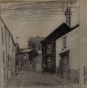 GEORGE CHAPMAN pencil drawing on paper - town street with figures, the paper inscribed George
