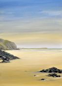 NICK JOHN REES acrylic on canvas - beach-scene, entitled verso 'Watergate Bay, Cornwall', signed