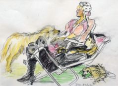 ISHBEL McWHIRTER mixed media - two ladies in sun-loungers with two dogs, entitled verso 'Punk