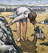 ALAN WILLIAMS acrylic on board - figure bent-over on a beach, entitled 'Girl Gathering Seaweed',