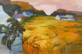 JOHN ELWYN acrylic on paper - windswept farming landscape with whitewashed farm buildings,