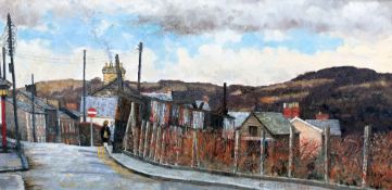 CHRISTOPHER HALL oil on board - Rhondda Valley village street, South Wales with two ladies