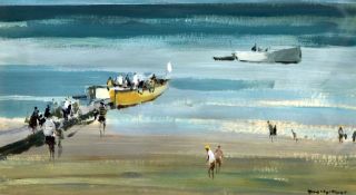 DONALD McINTYRE oil on board - jetty with figures embarking, entitled verso 'Pleasure Boats',