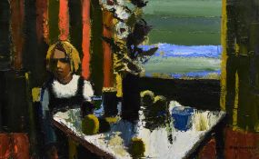 DONALD McINTYRE oil on board - interior scene with figure, entitled verso 'Window on to Sea',